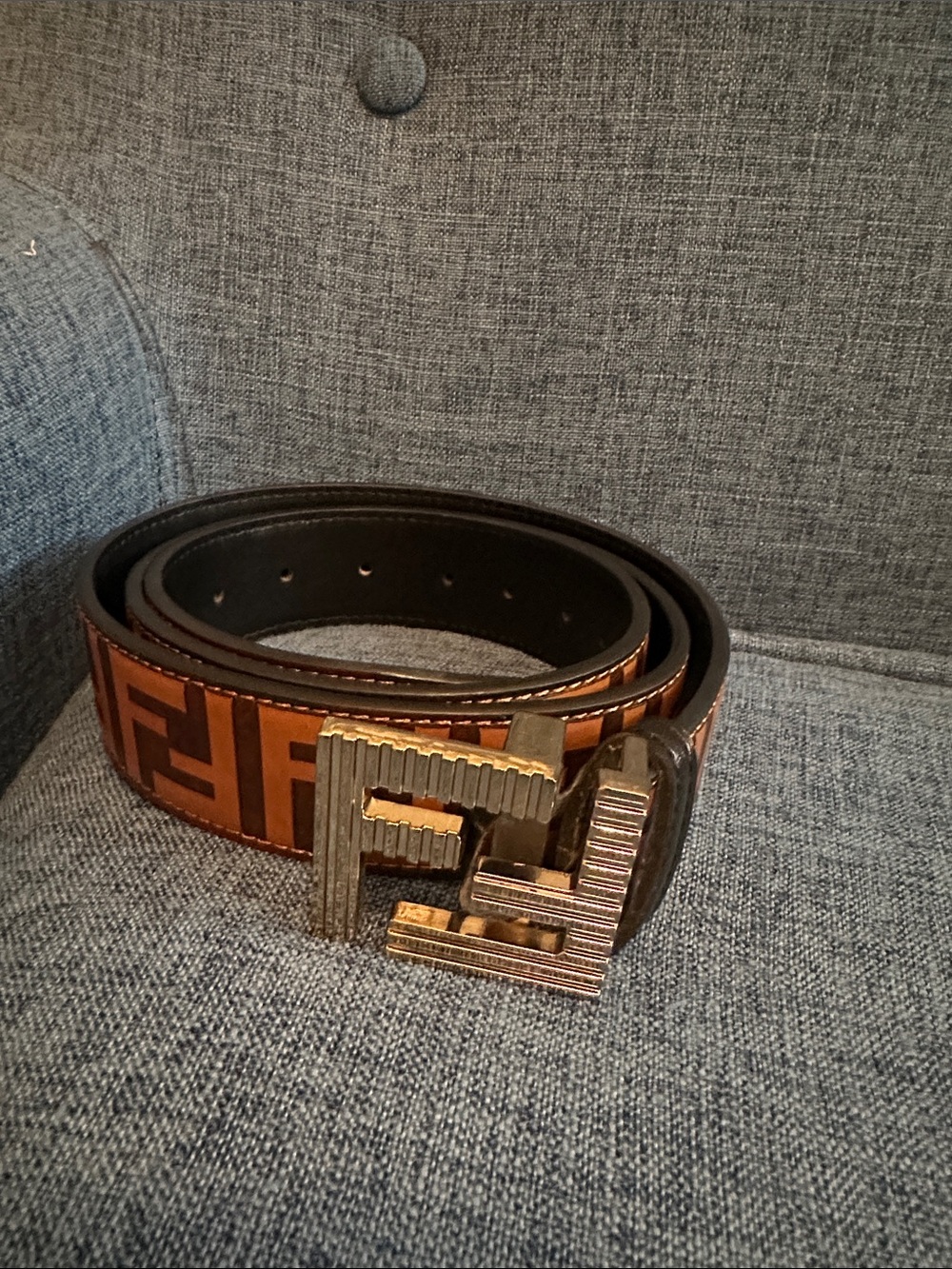 Brown & Black FF Logo Leather Belt with Gold-Tone Double F Buckle